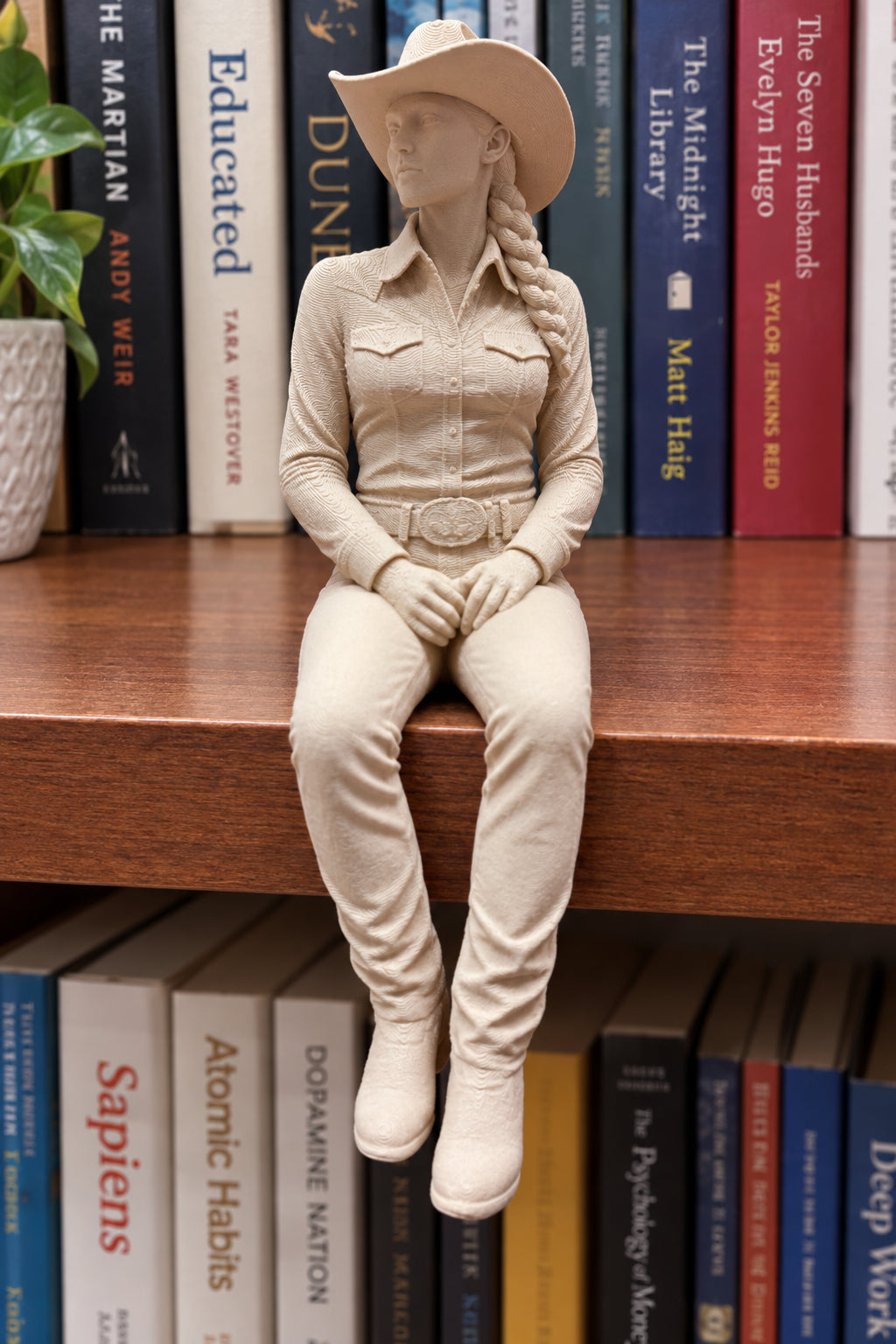 Cowgirl Shelf Sitter – Wood-Tone 3D Printed Figurine