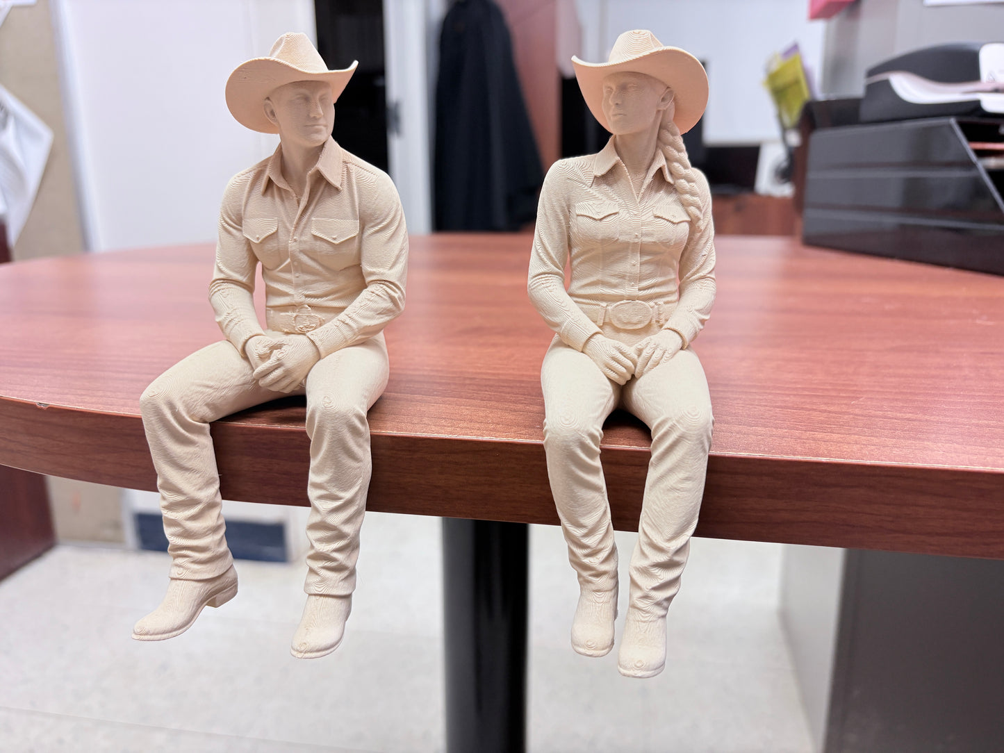 Cowboy & Cowgirl Shelf Sitters – Wood-Tone 3D Printed Figurine Set