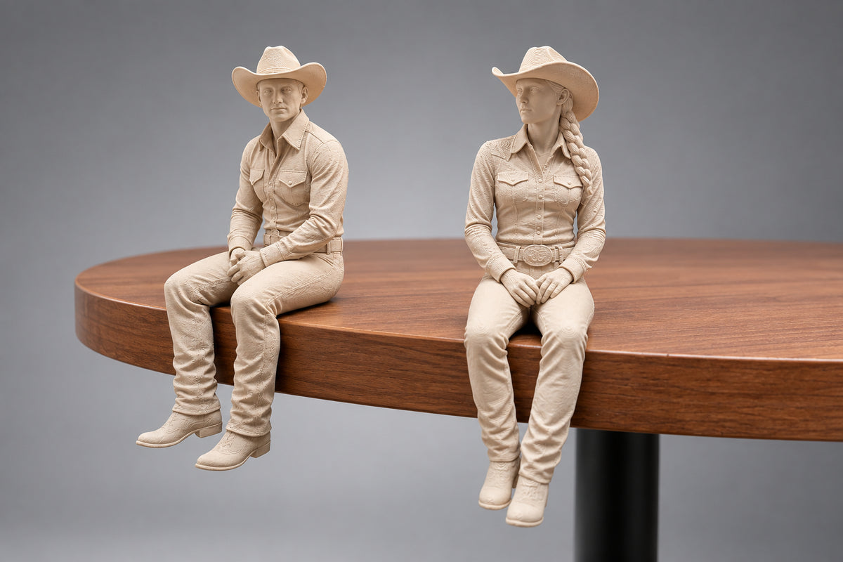 Cowboy & Cowgirl Shelf Sitters – Wood-Tone 3D Printed Figurine Set