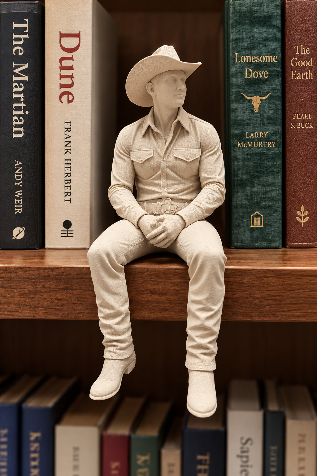 Cowboy Shelf Sitter – Wood-Tone 3D Printed Figurine
