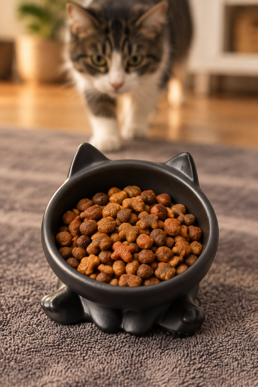 A black cat-shaped bowl, for pet food, resting on a textured grey towel.