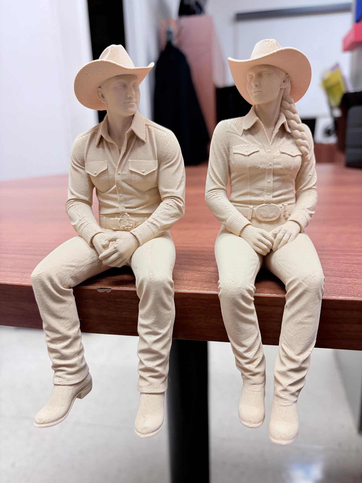 Cowboy & Cowgirl Shelf Sitters – Wood-Tone 3D Printed Figurine Set