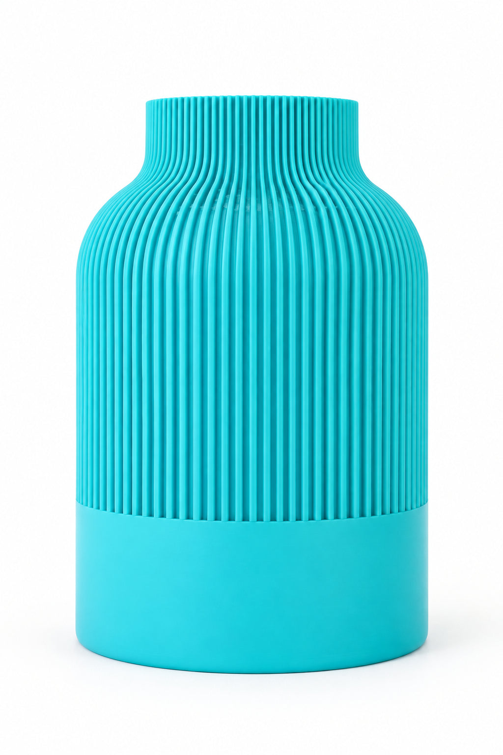 A light blue ribbed ceramic vase with a flared neck and a solid cylindrical base, photographed against a neutral light gray background.