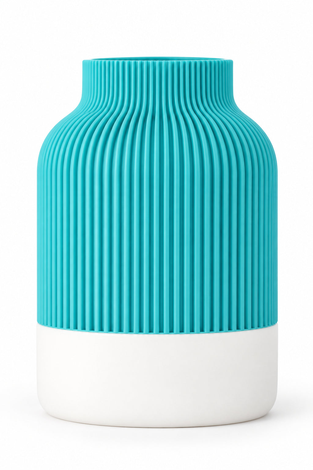 A modern ribbed ceramic vase with a vibrant turquoise blue upper half and a matte white lower half, set against a neutral light gray background.